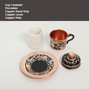 Exquisite Turkish Coffee Set, Traditional Copper Cups Adorned with Floral Patterns, Accompanied by a Decorative Tray and Sugar Bowl coffee cup