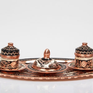 Exquisite Turkish Coffee Set, Traditional Copper Cups Adorned with Floral Patterns, Accompanied by a Decorative Tray and Sugar Bowl image 8