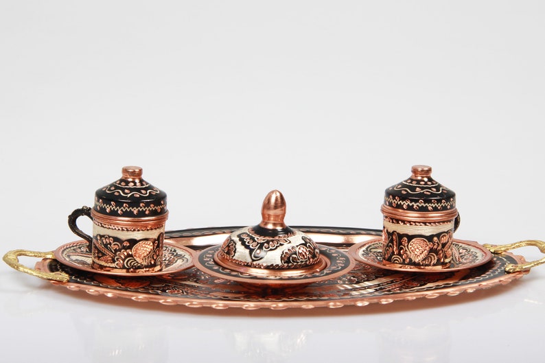 Exquisite Turkish Coffee Set, Traditional Copper Cups Adorned with Floral Patterns, Accompanied by a Decorative Tray and Sugar Bowl image 8