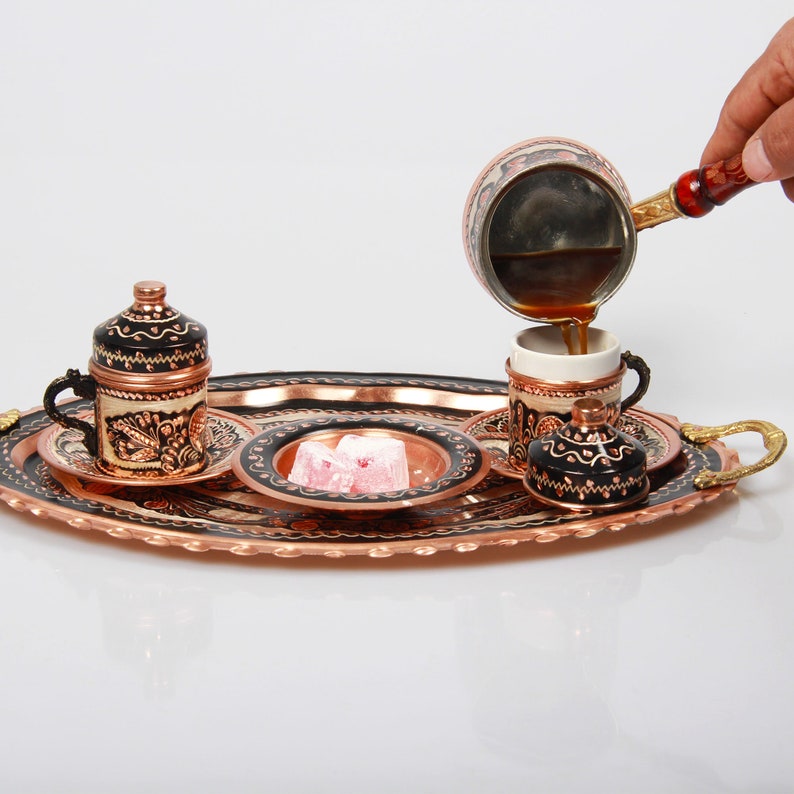 Exquisite Turkish Coffee Set, Traditional Copper Cups Adorned with Floral Patterns, Accompanied by a Decorative Tray and Sugar Bowl coffee pot set
