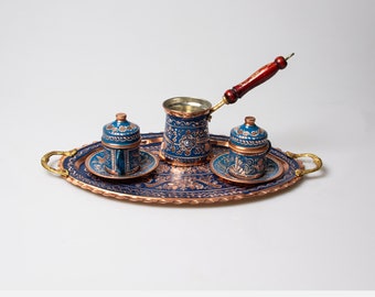 Turkish Blue Coffee Set with Serving Tray, Set of 2 Coffee Cups, Copper Set, Luxury Gift, Ideal for Mother's Day and Special Occasions