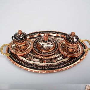 Exquisite Turkish Coffee Set, Traditional Copper Cups Adorned with Floral Patterns, Accompanied by a Decorative Tray and Sugar Bowl image 3