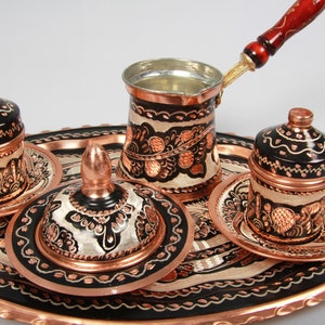 Exquisite Turkish Coffee Set, Traditional Copper Cups Adorned with Floral Patterns, Accompanied by a Decorative Tray and Sugar Bowl image 2