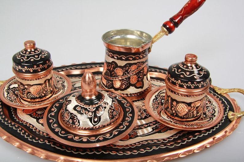 Exquisite Turkish Coffee Set, Traditional Copper Cups Adorned with Floral Patterns, Accompanied by a Decorative Tray and Sugar Bowl image 2