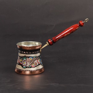 Exquisite Turkish Coffee Set, Traditional Copper Cups Adorned with Floral Patterns, Accompanied by a Decorative Tray and Sugar Bowl coffee pot