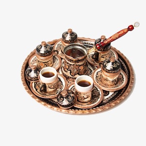 Turkish Copper Coffee Set: Handmade Serving Tray & 6 Cups