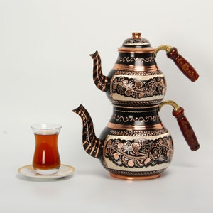 Handcrafted Copper Teapot, Counter Top Kettle, Traditional Turkish with Wooden Handle, Perfect Tea Maker for Home and Office