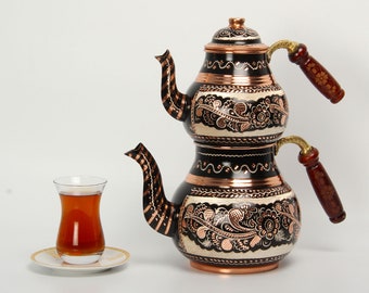 Handcrafted Copper Teapot, Counter Top Kettle, Traditional Turkish with Wooden Handle, Perfect Tea Maker for Home and Office