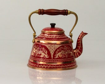 Turkish Copper Teapot: Embossed Floral Stovetop Kettle