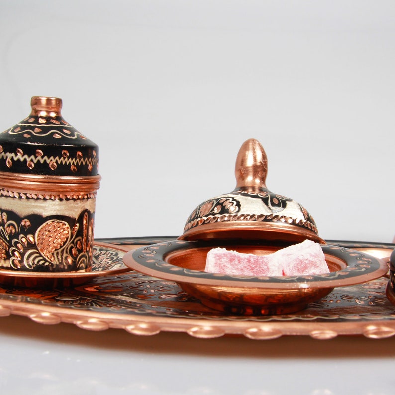 Exquisite Turkish Coffee Set, Traditional Copper Cups Adorned with Floral Patterns, Accompanied by a Decorative Tray and Sugar Bowl copper sugar