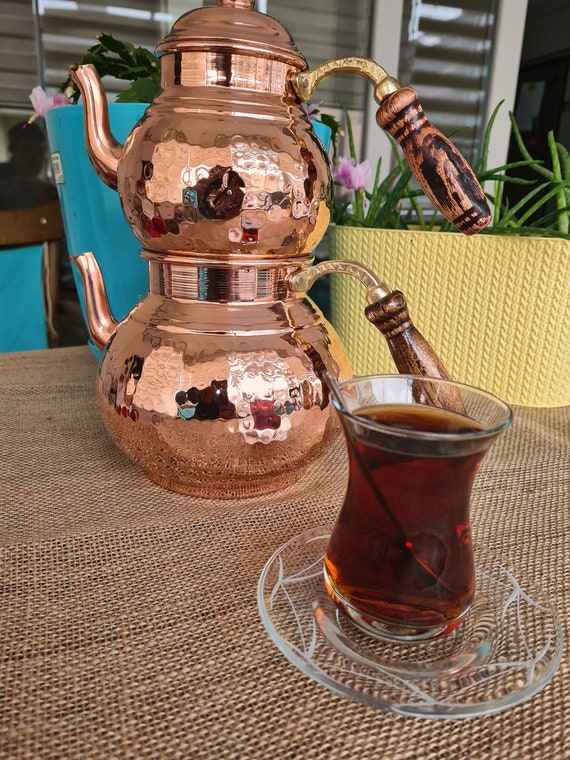 Turkish Handmade Tea Pot Set Copper Hammered Traditional Kettle, Samovar