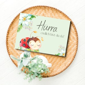 Postkarte *Hurra, endlich bist du da* Farben helles sanftes grün, Aquarell Print Geburt Glückwunschkarte