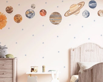 Adesivo de parede espacial - Aventura espacial - Sistema solar com planetas - Adesivos de parede para berçário, quarto infantil, adesivos de parede de tecido de alta qualidade