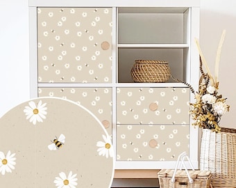 Vinilo para muebles Kallax de Ikea - Margaritas con abejas (beige) - Adhesivo para estanterías de Ikea / Lámina para muebles para habitaciones infantiles y juveniles / Estantería cúbica reciclada