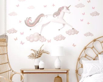 Vinilos decorativos de unicornio - Unicornio mágico en las nubes, vinilos decorativos para la habitación de la guardería, vinilos decorativos para la pared de los niños y vinilos decorativos para la pared