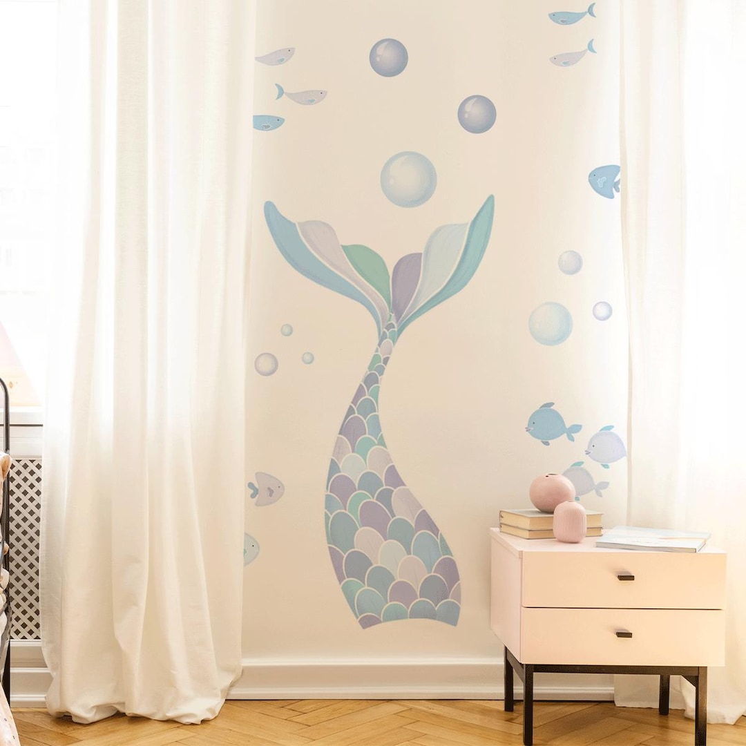 Cheeky Mermaid Tail Wall Stickers - Ocean Blue - Nursery Wall Decals ...