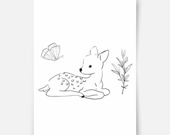 Hand-drawn forest friends - deer with butterfly (sitting) Fine Art Print, nursery print, kids wall art