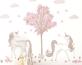 Vinilos decorativos de unicornios - Unicornios mágicos con árbol, vinilos de unicornios, vinilos decorativos para habitación infantil, vinilos decorativos para pared infantiles