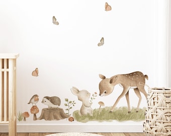 Woodland wall stickers - Cute deer with rabbit - Nursery Wall Decals, Kids Bedroom Wall Art, High Quality Removable Fabric Wall Stickers