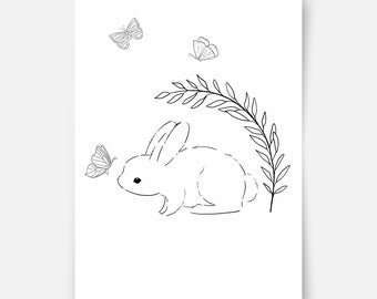 Hand-drawn forest friends - bunny with butterflies Fine Art Print, nursery print, kids wall art