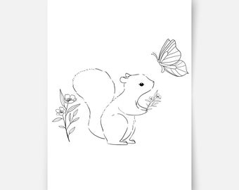 Hand-drawn forest friends - squirrel with butterfly Fine Art Print, nursery print, kids wall art