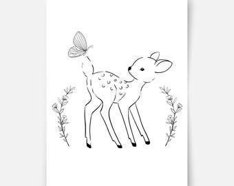 Amigos del bosque dibujados a mano - ciervo con mariposa Impresión de bellas artes, impresión de guardería, arte de pared para niños