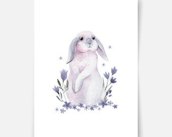 Jardín de flores de Bunny floppy Fine Art Print, impresión de vivero, arte de pared para niños