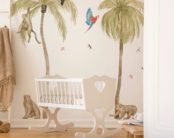 Jungle Tree Wall Decals, Monkey Decal, Nursery Safari Wall Decal, Palm Tree Stickers, Tropical Nursery Mural, Safari Animals Wall Stickers