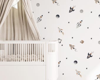 Adesivo de parede espacial - Foguetes, planetas e estrelas - Adesivos de parede para berçário, arte de parede para quarto infantil, adesivos de parede de tecido removíveis de alta qualidade