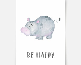 Character animals - hippo print, safari animals print, safari theme, nursery print, kids wall art, kids wall decoration