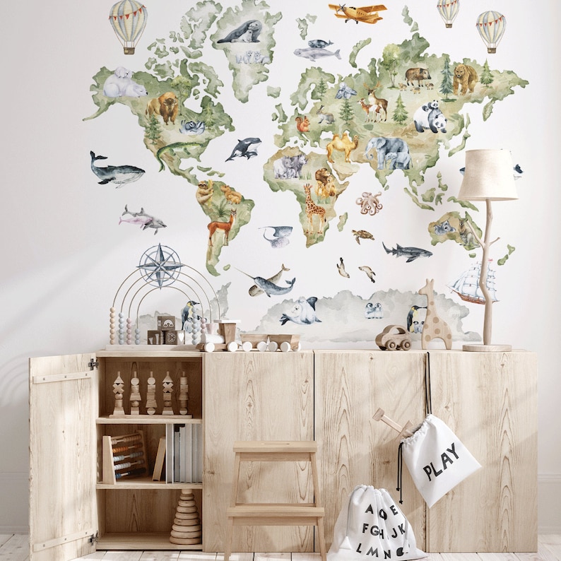 World Map Wall Sticker World Map Decal Nursery Safari World Etsy