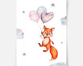 Little fox with balloon Fine Art Print, nursery print, kids wall art