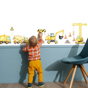 Construction wall decal with large vehicles - Construction trucks wall stickers for boys room - Dump trucks nursery
