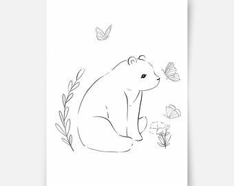 Hand-drawn forest friends - bear with butterflies Fine Art Print, nursery print, kids wall art