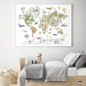 Aquarell Weltkarte mit Tieren - Poster, Kinderzimmer Poster, Kinderzimmer Wanddekoration