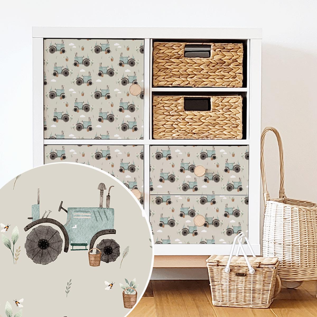 Vinilo adhesivo para estanterías IKEA KALLAX - Tractor Time / Vinilo decorativo para muebles de habitación infantil / Estantería cúbica reciclada