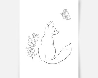 Hand-drawn forest friends - fox with butterfly Fine Art Print, nursery print, kids wall art