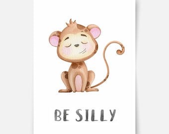 Character animals - monkey print, safari animals print, safari theme, nursery prints, kids wall art, kids wall decoration