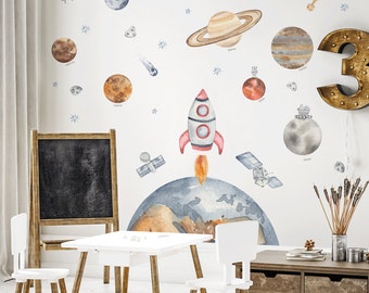 Weltraumabenteuer - Raumschiff mit Planeten - Wandtattoo, Weltall Wandtattoo, Kinderzimmer Wandtattoo, Kinderzimmer Wanddekoration