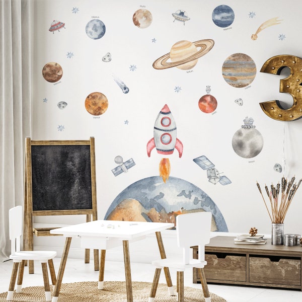 Weltraumabenteuer - Raumschiff mit Planeten - Wandtattoo, Weltall Wandtattoo, Kinderzimmer Wandtattoo, Kinderzimmer Wanddekoration