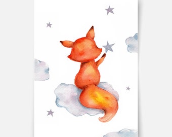 Little fox on cloud Fine Art Print, nursery print, kids wall art