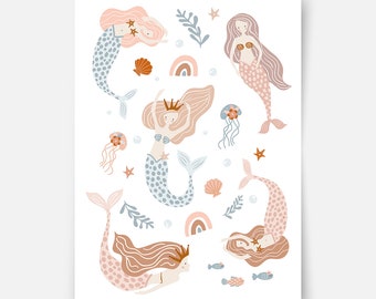Mermaids Print, Boho Fine Art Print, Baby Girl Nursery, Kids Wall Art, Mermaids Wall Hanging, Mermaids Poster, Minimalist Wall Decor, Gift