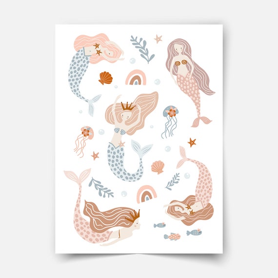 Mermaids Print, Boho Fine Art Print, Baby Girl Nursery, Kids Wall Art,  Mermaids Wall Hanging, Mermaids Poster, Minimalist Wall Decor, Gift