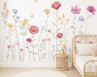 Adesivi murali con fiori selvatici - Meadow Magic - Adesivi murali per camerette dei bambini, decorazioni murali per camerette dei bambini, adesivi murali in tessuto rimovibili di alta qualità