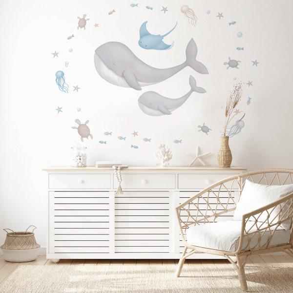 Wandtattoo Unterwasserwelt - Magischer Ozean - Wale, Unter dem Meer, Wandtattoo Kinderzimmer, Babyzimmer, Wanddekoration, PVC-frei