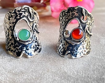 Wide Nephrite & Carnelian Silver Ring - Gothic Boho Modern Fusion