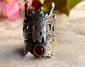 Red Garnet Castle Ring in Sterling Silver