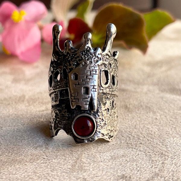 Red Garnet Castle Ring in Sterling Silver