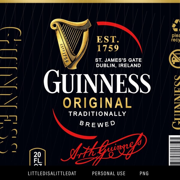 Guinness Original EST 1759 - PNG -  20oz Straight Tumbler - Sublimation/Waterslide | Digital / Instant Download