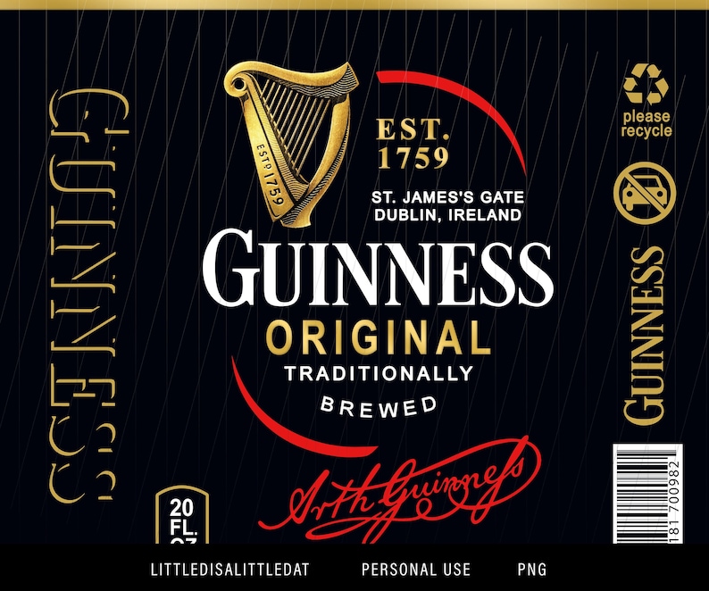 K&ouml;nnte beinhalten: Ein schwarzes und goldenes Guinness-Bierdosen-Etikett mit dem Text "GUINNESS ORIGINAL TRADITIONALLY BREWED" und einem goldenen Harfenlogo. Das Etikett enth&auml;lt auch den Text "EST. 1759" und "ST. JAMES'S GATE DUBLIN, IRELAND".